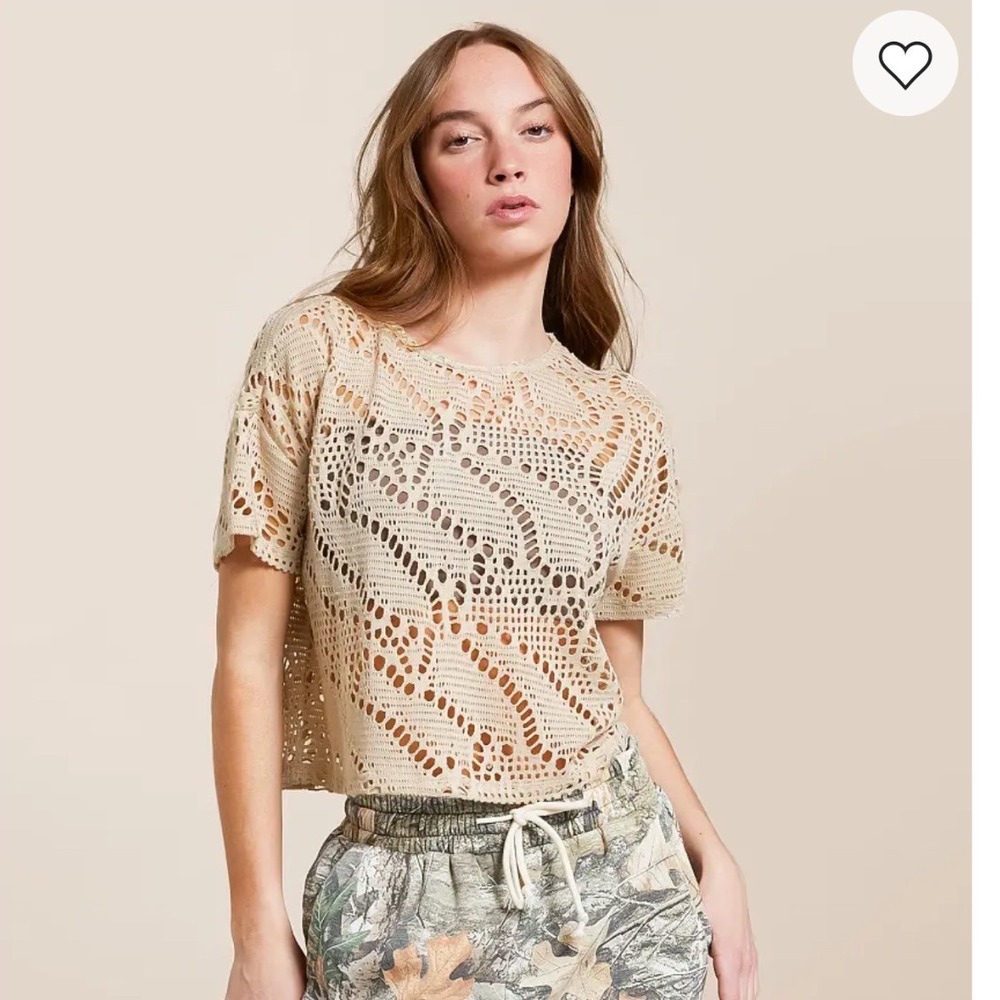 Gilded Intent Womens Crochet Short Sleeve Top Cream Beige Boho Open Knit Medium